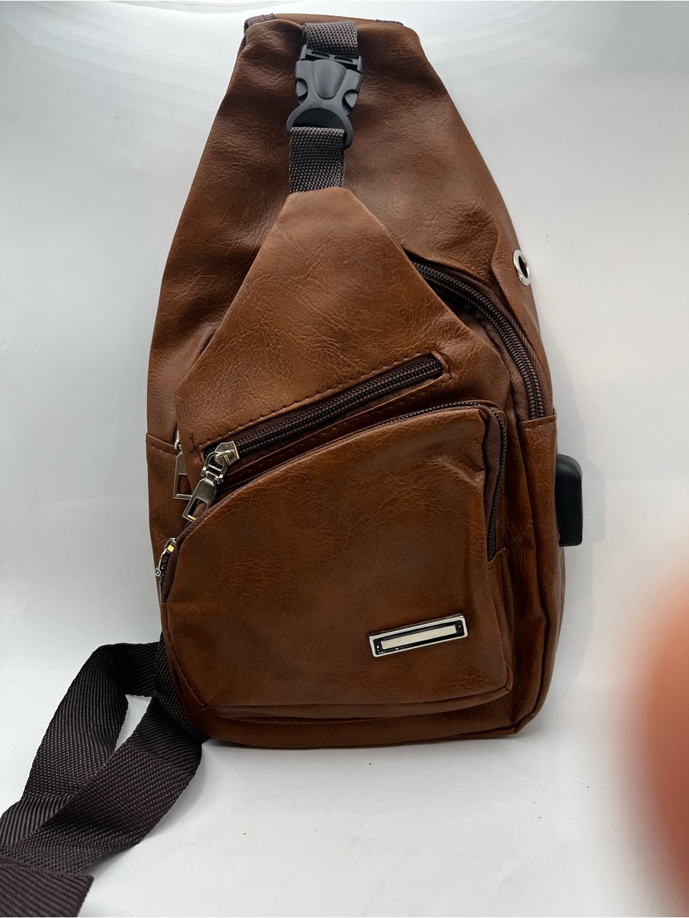 Brown Men's Leather-Style Sling Bag with Front Zips